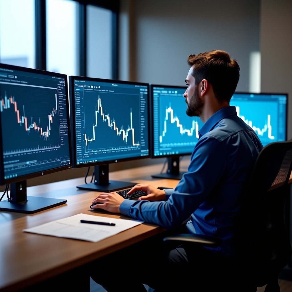 A professional financial analyst's desk with multiple monitors displaying stock market charts and financial data, soft office lighting, modern workspace, realistic and detailed, 1:1