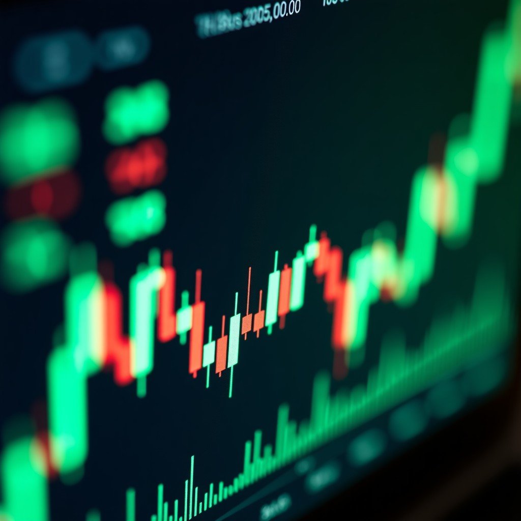 Financial stock market display showing green and red digital charts on a dark background, technology focus, professional trading screen style, 4:3