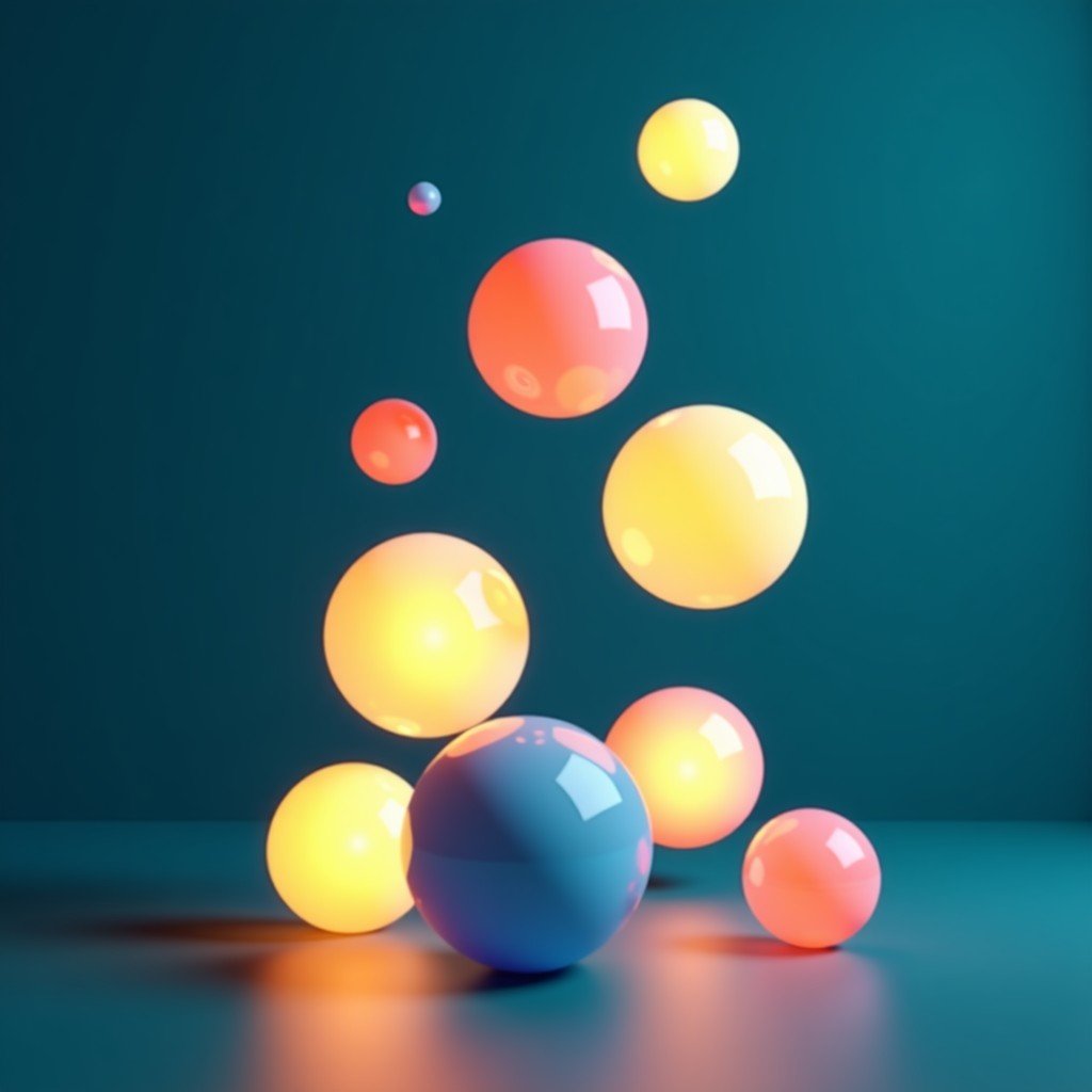 A conceptual 3D illustration of various glowing glass spheres representing different investment sectors floating in a balanced composition, deep blue and teal background, 1:1 aspect ratio, no text.