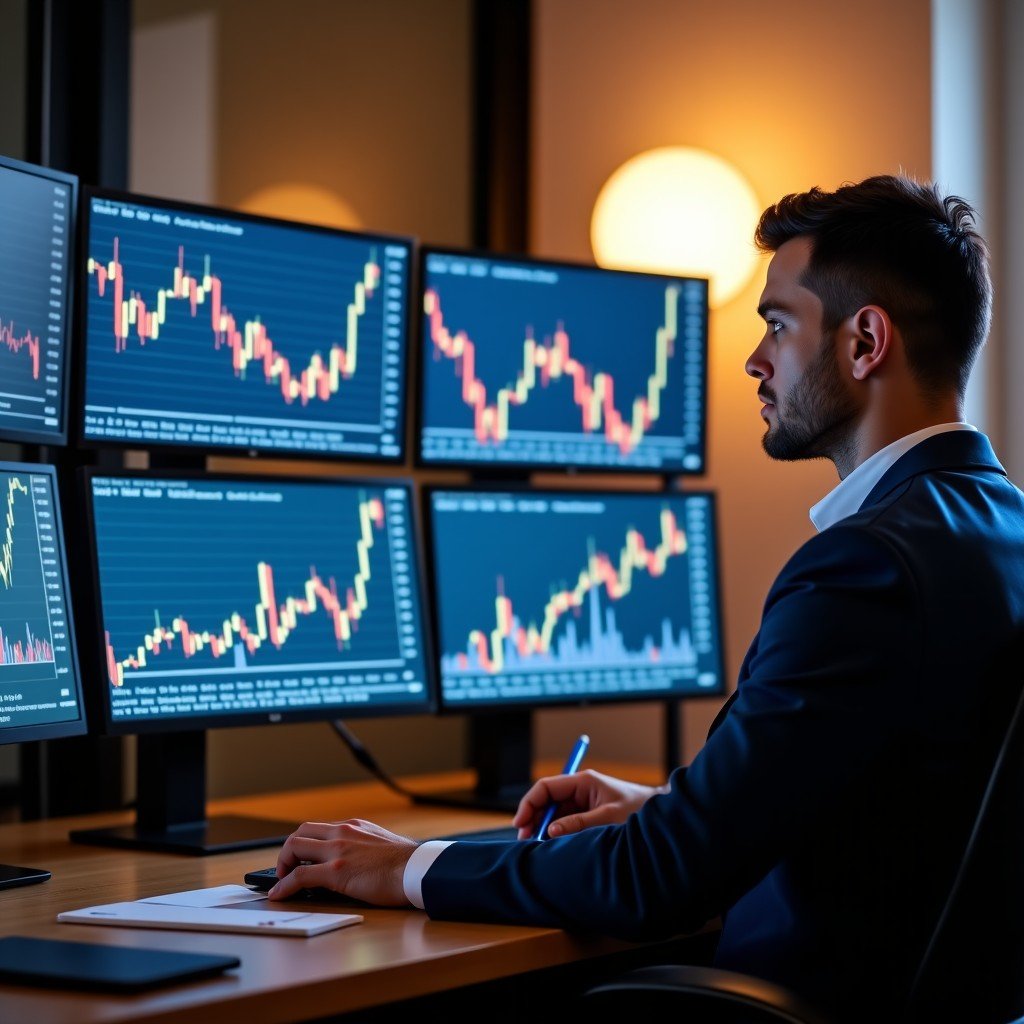 A professional investor in a modern office analyzing stock market charts on multiple screens showing a recovery trend, warm natural lighting, realistic photography, 4:3