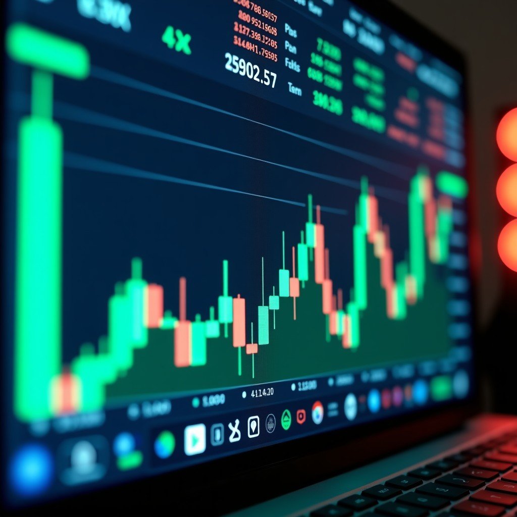 A professional trading screen showing various stock market charts and downward trend lines with glowing green and red indicators in a modern office setting. 4:3