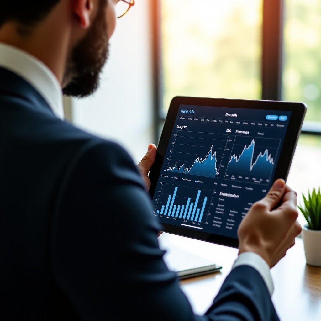 A focused view of a professional investor looking at a tablet displaying stock market data and growth charts in a modern office. Warm natural lighting. 4:3