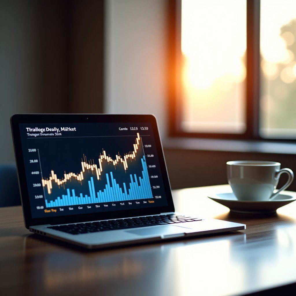 A professional workspace featuring a tablet displaying rising stock market charts and financial analysis reports. Modern office setting with natural sunlight and a coffee cup nearby. Warm and realistic photography. 4:3