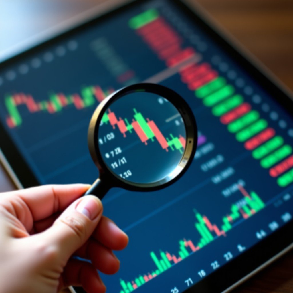 Close up shot of a person's hand holding a high-quality magnifying glass over a tablet screen showing financial stock symbols and green and red ticker symbols. Detailed lifestyle photography, 1:1