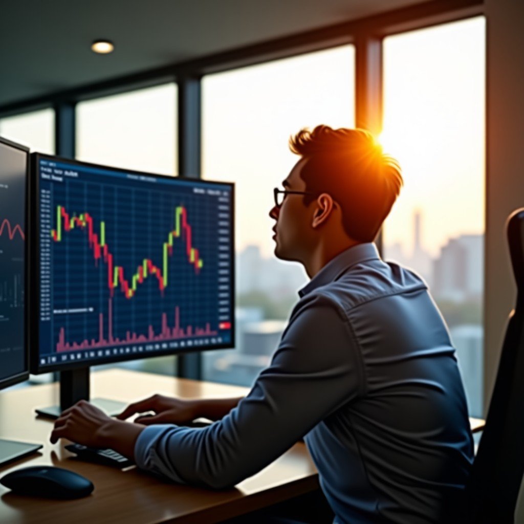 A wide angle lifestyle photography of a Korean male investor in a modern office looking at multiple monitors displaying complex stock market charts and currency trends. Warm natural sunlight coming through the window. Professional and focused atmosphere. 4:3