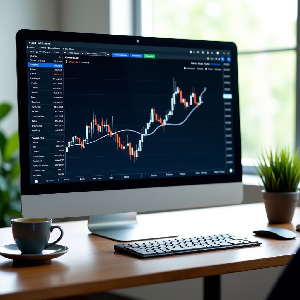 A detailed composition of a professional workspace. A large monitor displays stock market charts and Alphabet financial data. Beside it sits a tablet and a cup of coffee on a clean wooden desk. Soft natural light coming from a window. 4:3