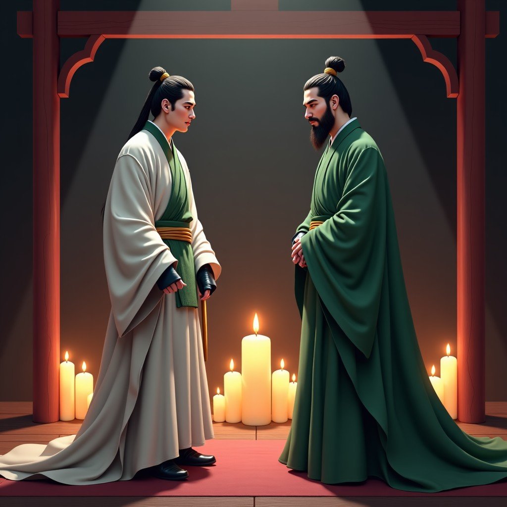 An artistic rendering of a meeting between two Chinese strategists, Zhou Yu in elegant white armor and Liu Bei in humble green robes, in a traditional dark tent lit by candles, heavy shadows, intense eye contact, historical drama style, 4:3