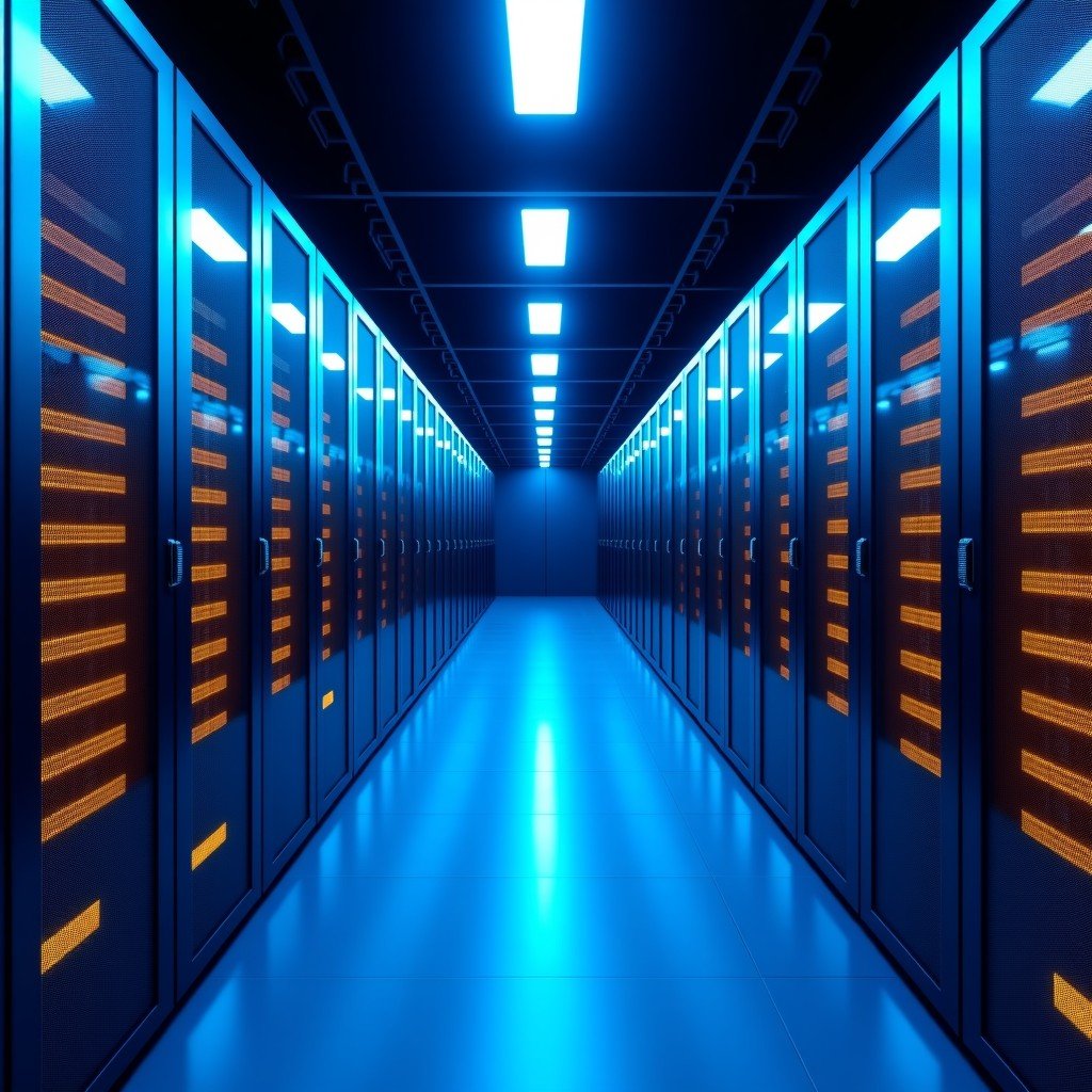 A modern large-scale data center in China with rows of advanced server racks glowing with blue and gold lights. High-tech infrastructure with a clean and organized layout. No text. 4:3