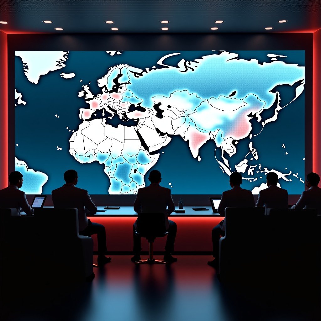 A high-stakes political situation room with a large digital map of the Middle East, glowing red zones around the Strait of Hormuz, dramatic lighting, cinematic atmosphere, wide shot, 4:3