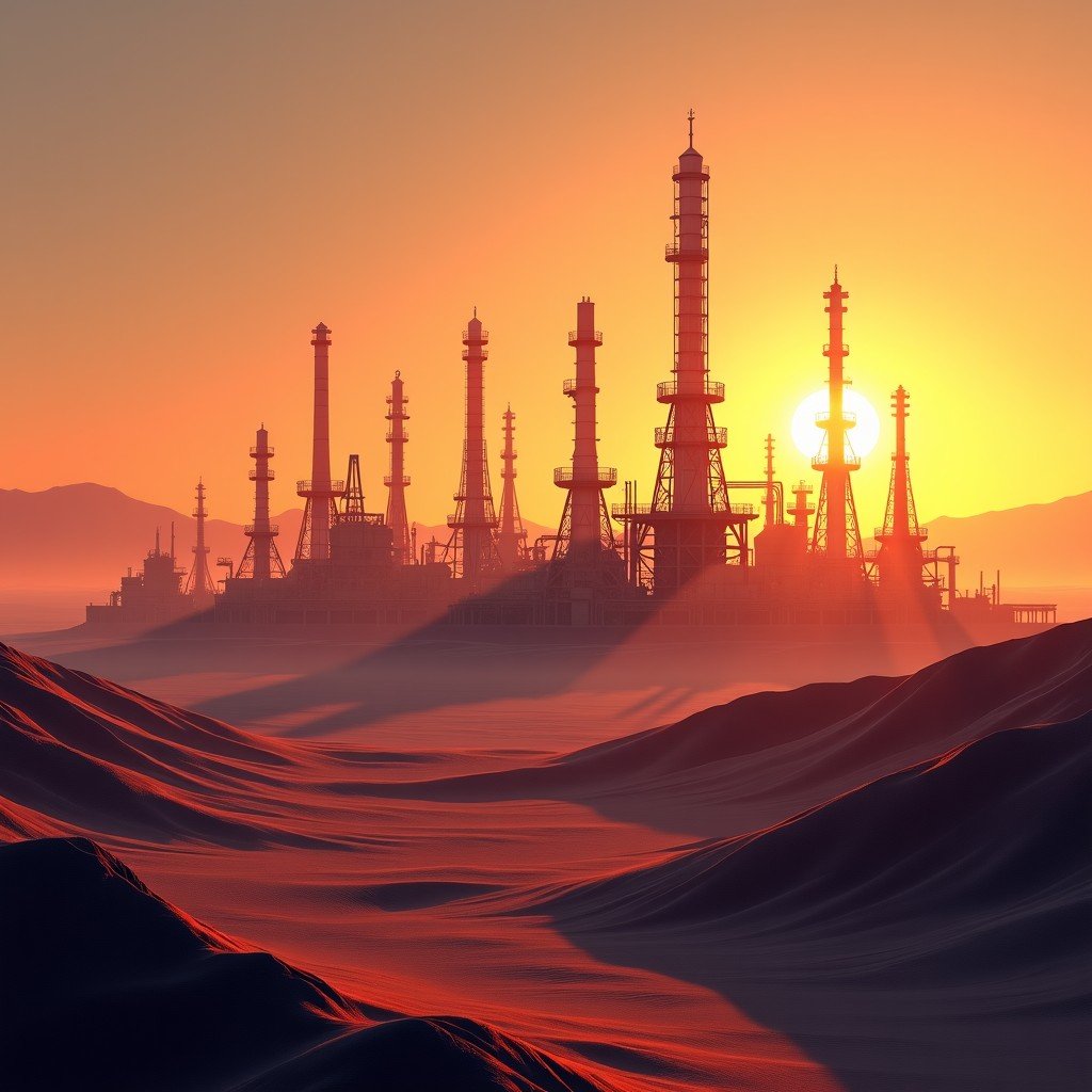 A vast industrial oil refinery and mining facility located in a desert landscape at sunset. Warm lighting, detailed pipes and structures, realistic photography style. 4:3