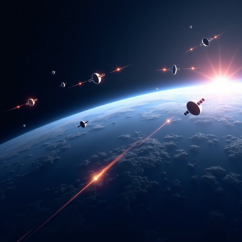 A constellation of Starlink satellites orbiting the Earth, glowing lights connecting the satellites, realistic space photography, high detail, 4:3