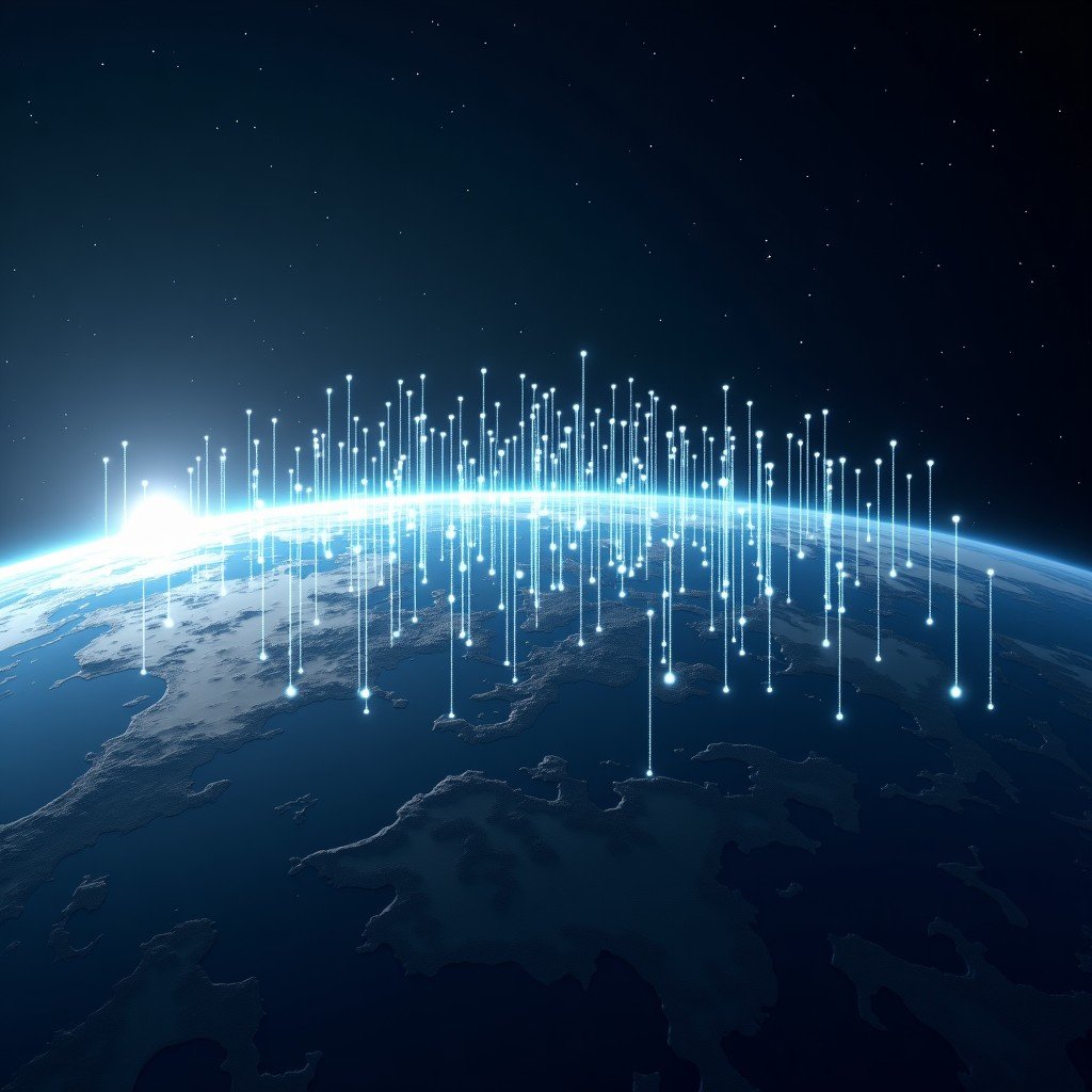 Thousands of small satellites orbiting the Earth, interconnected by thin light beams, detailed planet surface below, cinematic space photography style, 1:1