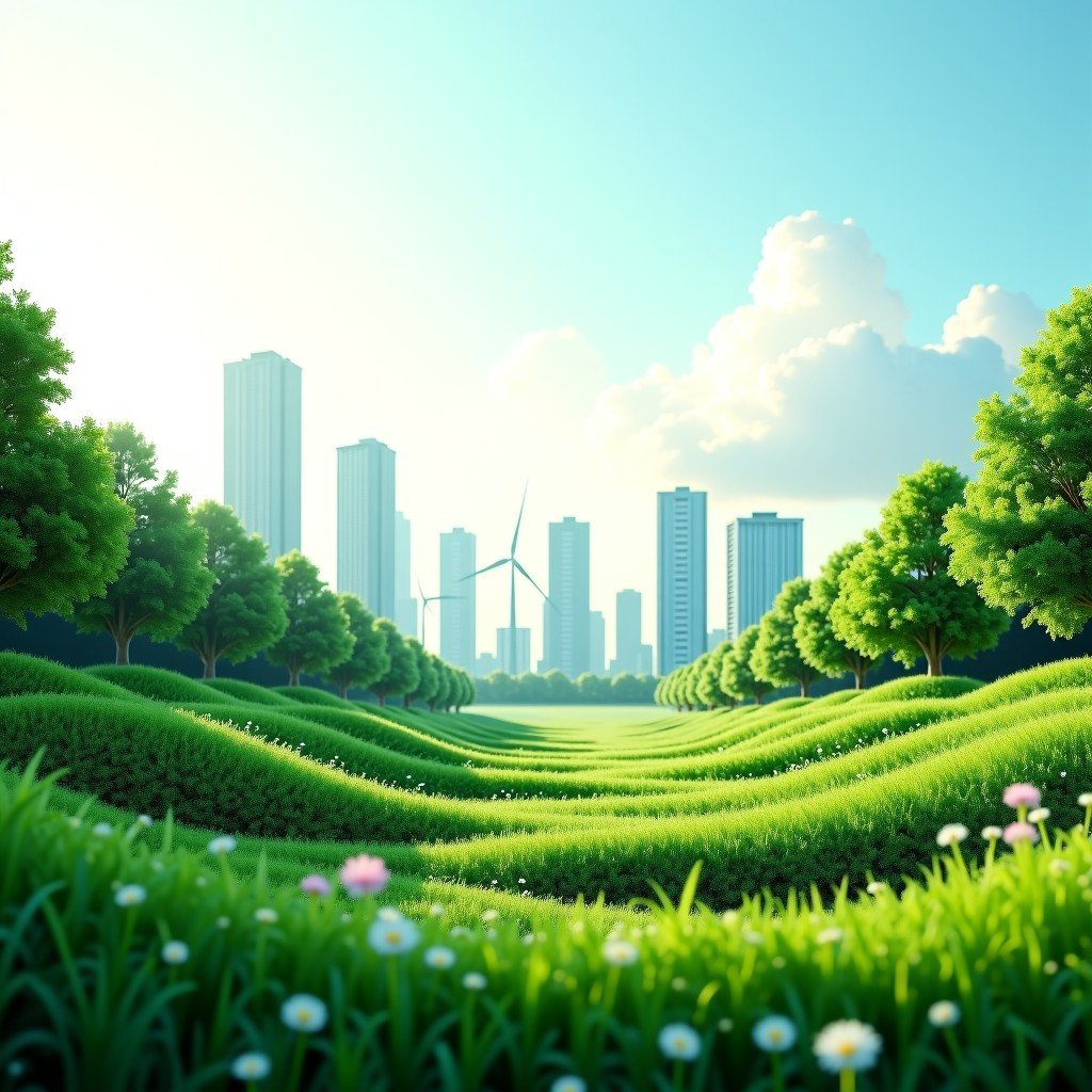 A clean and green urban landscape with advanced energy infrastructure, symbolizing the future growth of Bloom Energy and sustainable power, soft daylight, 4:3