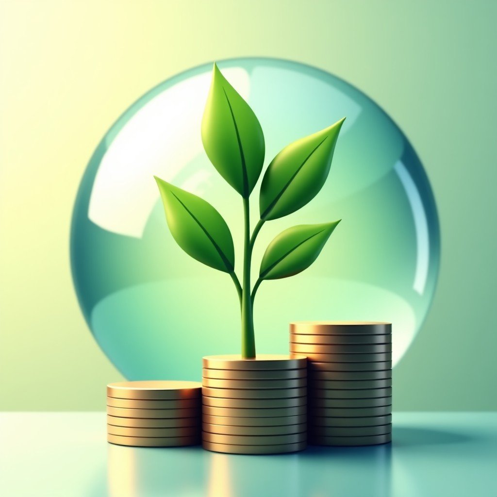 A clean and modern illustration of a green sprout growing from a stack of metallic coins, crystal clear globe in the background, bright natural lighting, symbolic of ESG and ethical investment, high contrast, 4:3