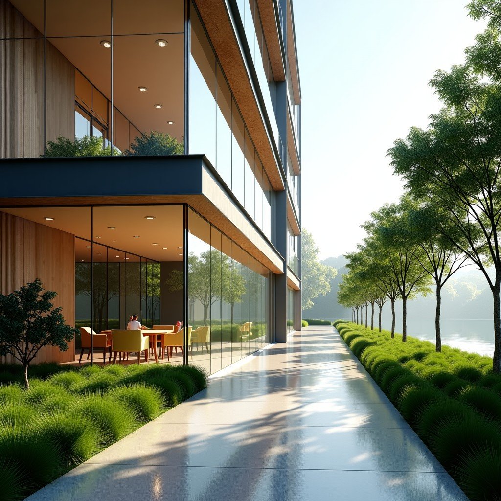 A glass-walled modern community center or office building integrated with green plants and natural wood, symbolic of cooperation between tech and nature, soft sunlight, 4:3