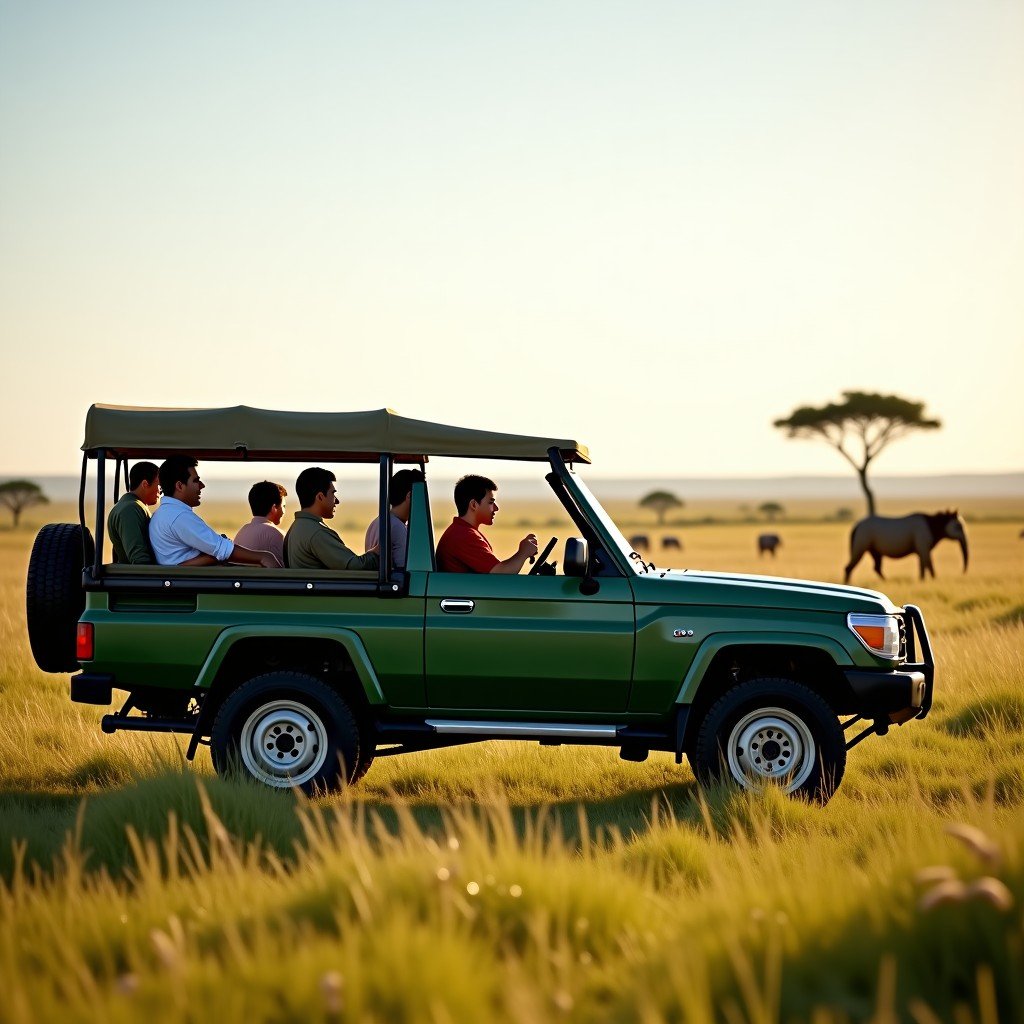 A group of tourists in an open-top green safari jeep observing wildlife from a distance in a lush savanna, distant trees, clear sky, high contrast realistic photography, 4:3
