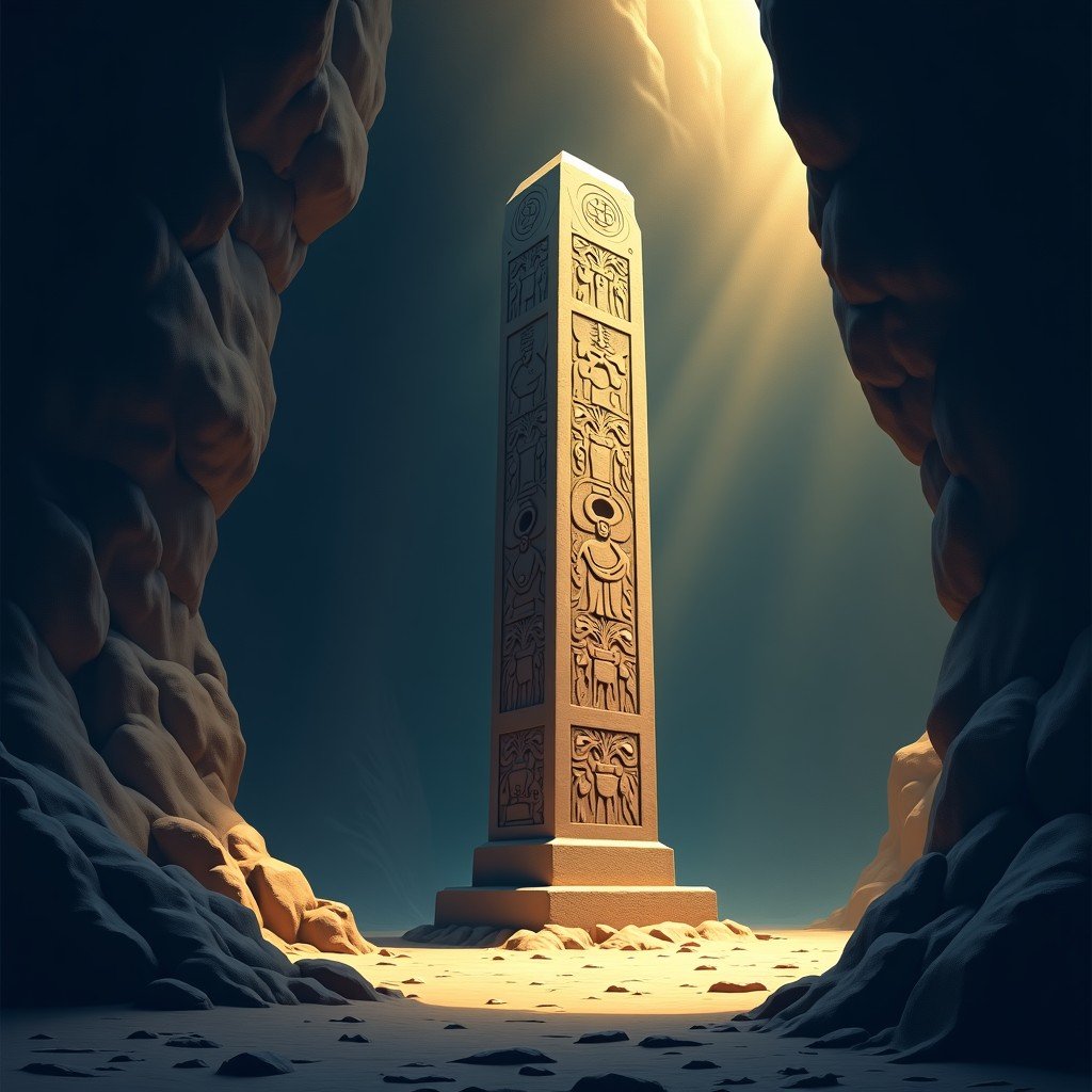 An illustration of the Lanzon Monolith inside a dimly lit underground stone gallery at Chavin. The monolith is a tall, carved stone pillar with intricate deity figures. The atmosphere is mysterious with soft light filtering through narrow openings. Textured background. 4:3