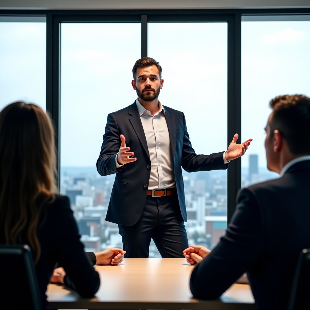 A professional office setting where a group of people are engaged in a meeting. One person is standing and speaking with confident body language, while others are listening attentively. Natural lighting, modern office interior, high quality photography, 4:3.