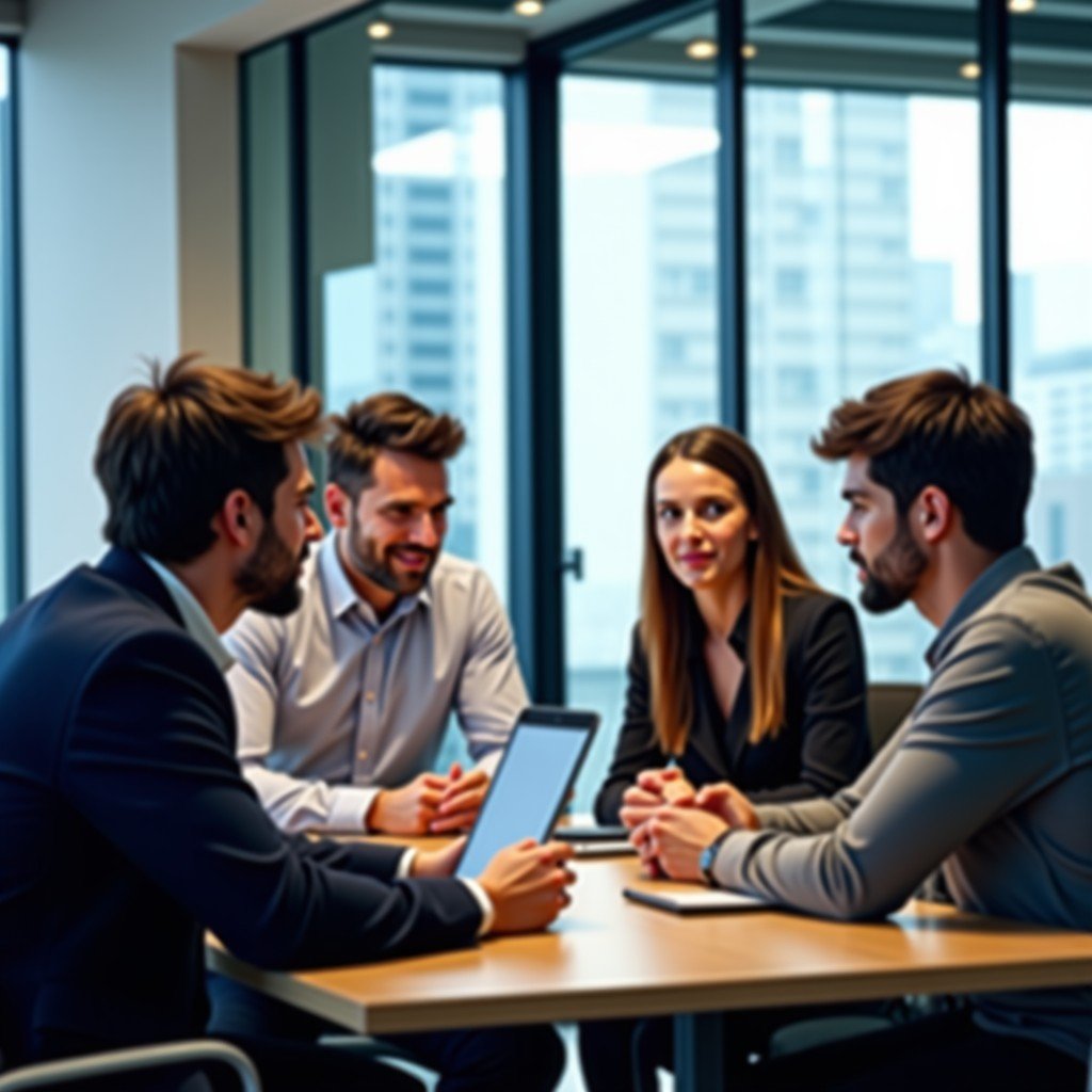 A group of diverse tech professionals in a serious business meeting inside a modern glass-walled office, focused expressions, natural indoor lighting, 4:3