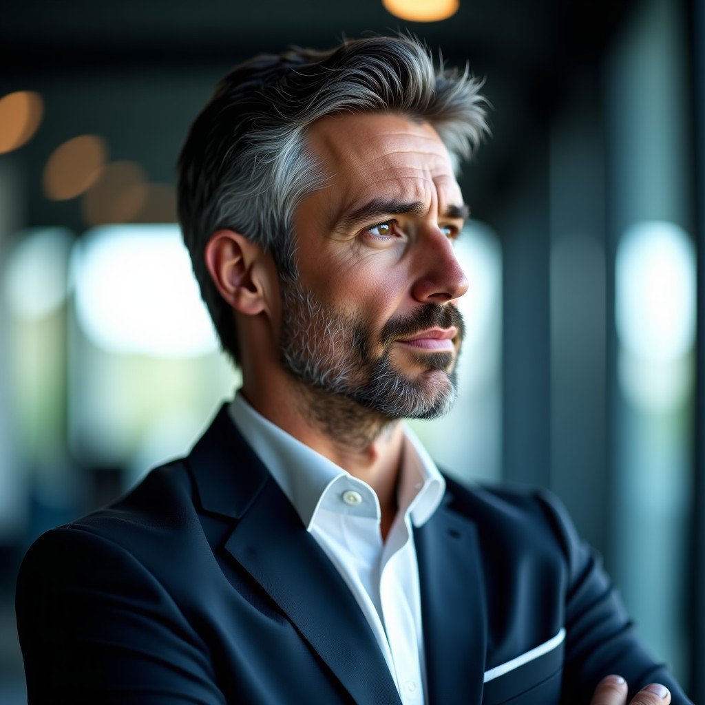 A close-up profile of a mature male technology leader in a dark suit, looking thoughtful and serious, soft studio lighting, blurred office background, professional photography style, 4:3