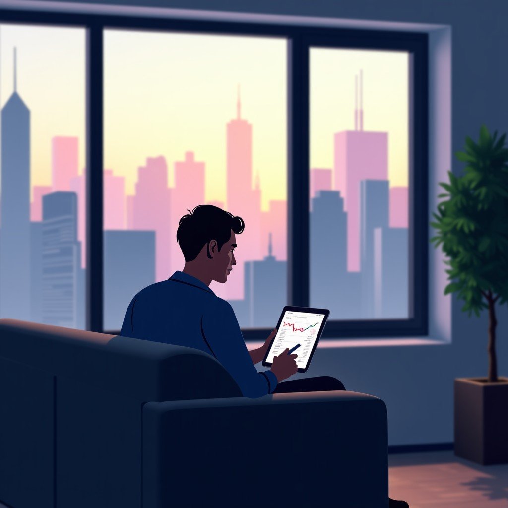 A person sitting in a modern living room looking out a large window at a city skyline, holding a tablet with financial data, calm and neutral tones, 4:3