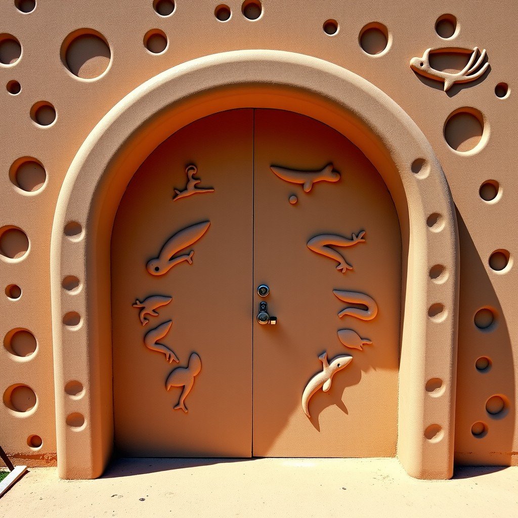 Close-up of intricate sea-themed carvings on Chan Chan adobe walls, fish and bird patterns, textured earth, natural lighting, 4:3