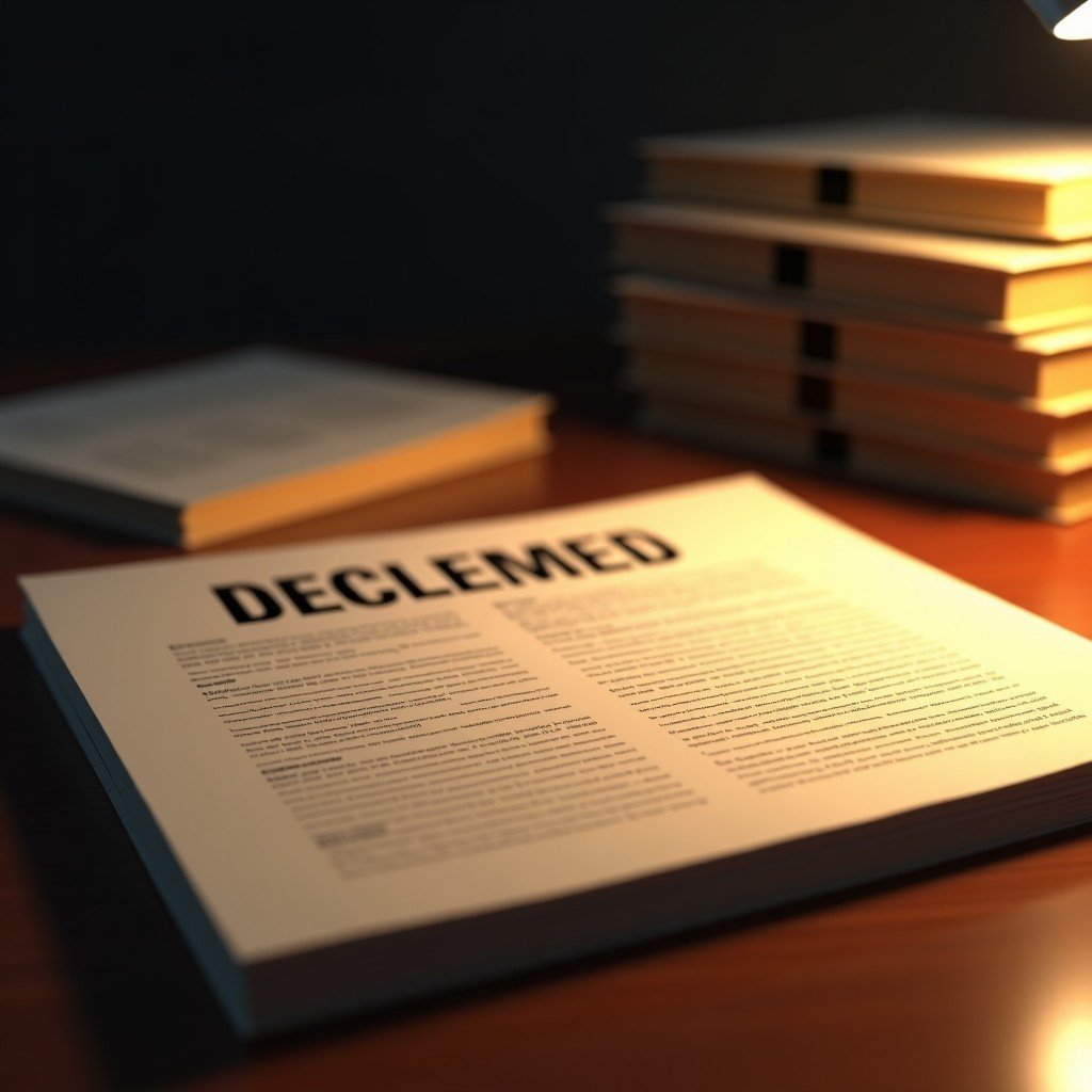 Close up of classified document files on a wooden desk with a magnifying glass, cinematic lighting, realistic textures, 4:3