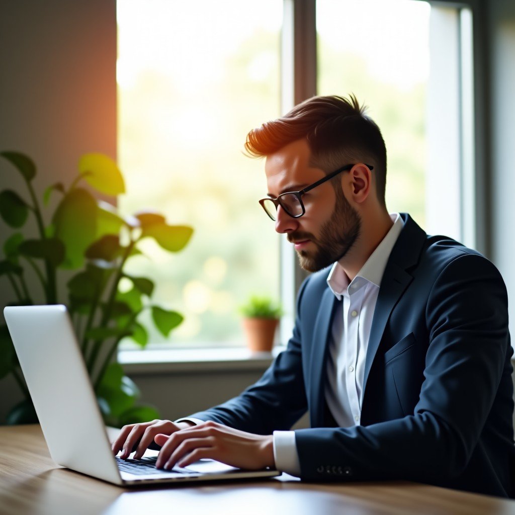 Professional employee using ChatGPT on a laptop in a modern sunny office, natural and clean composition, 4:3