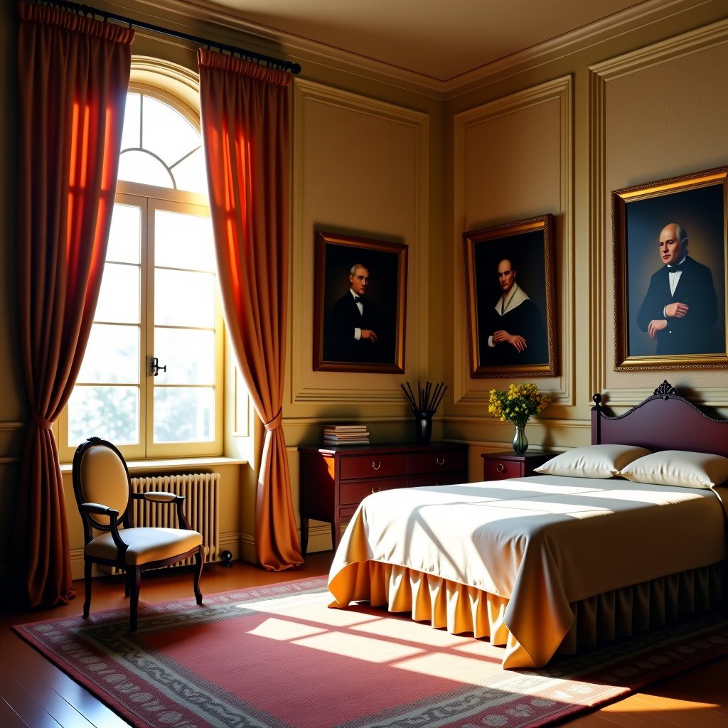 Interior of a classic 19th-century English aristocratic bedroom, vintage furniture, soft natural light through a tall window, elegant wallpaper, oil paintings on the wall, Blenheim Palace style, 1:1