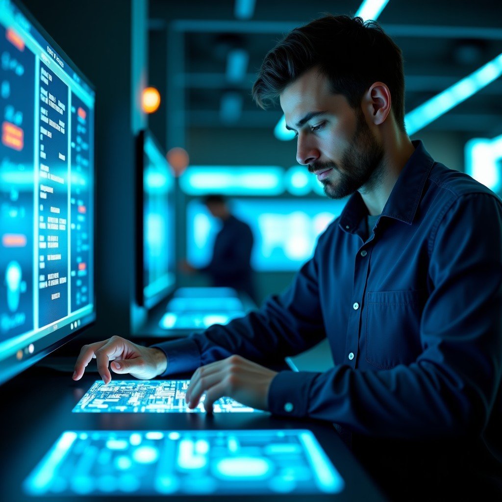 A professional engineer working with advanced circuit boards and holographic displays in a high-tech laboratory, focused expression, cinematic lighting, 4:3