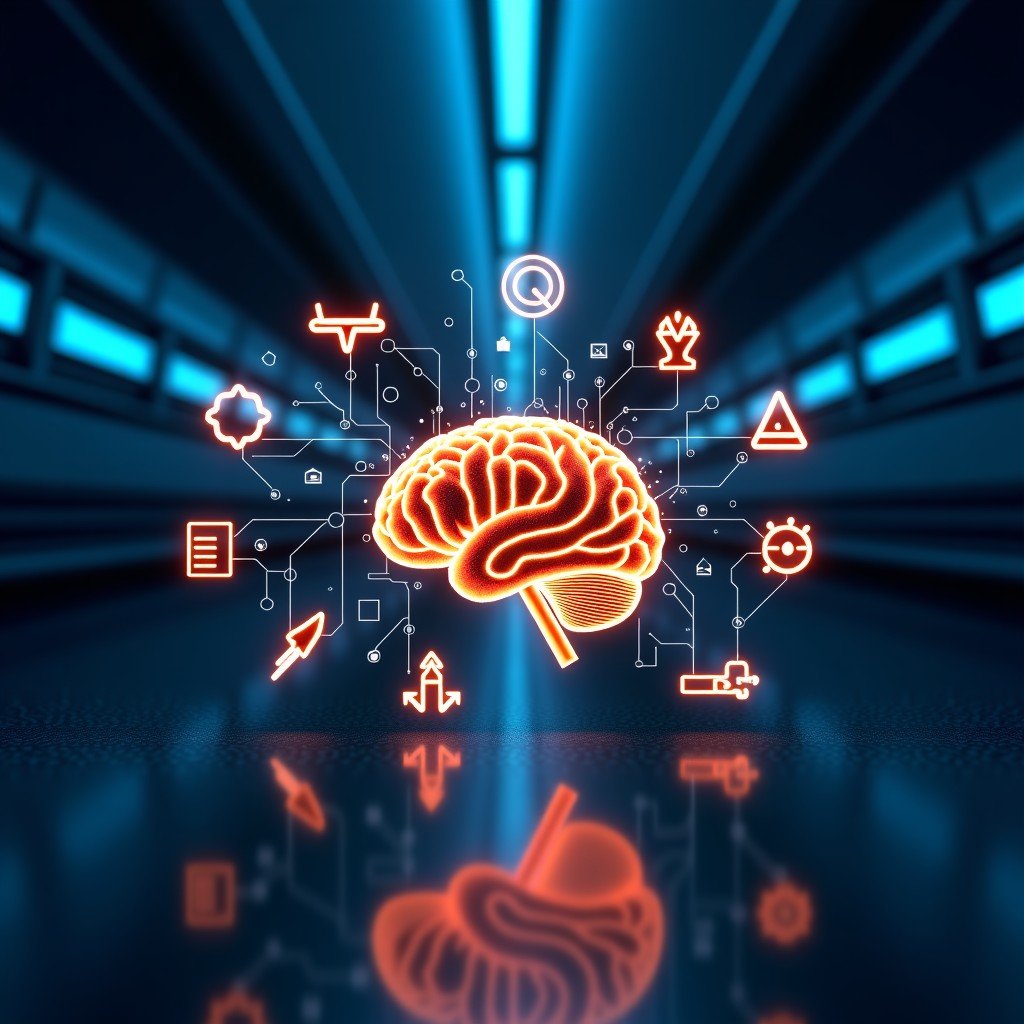 A high-tech digital interface showing a glowing artificial intelligence brain being surrounded by military strategic icons and symbols of national security. The background is a dark, sophisticated command center with blue and amber lighting. 4:3