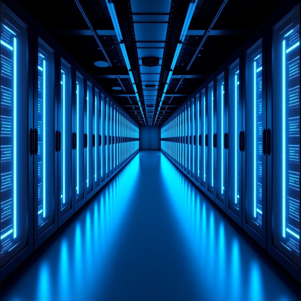 High-tech modern data center interior with endless rows of server racks glowing with blue and white LED lights, cinematic lighting, wide angle, professional photography style, 4:3