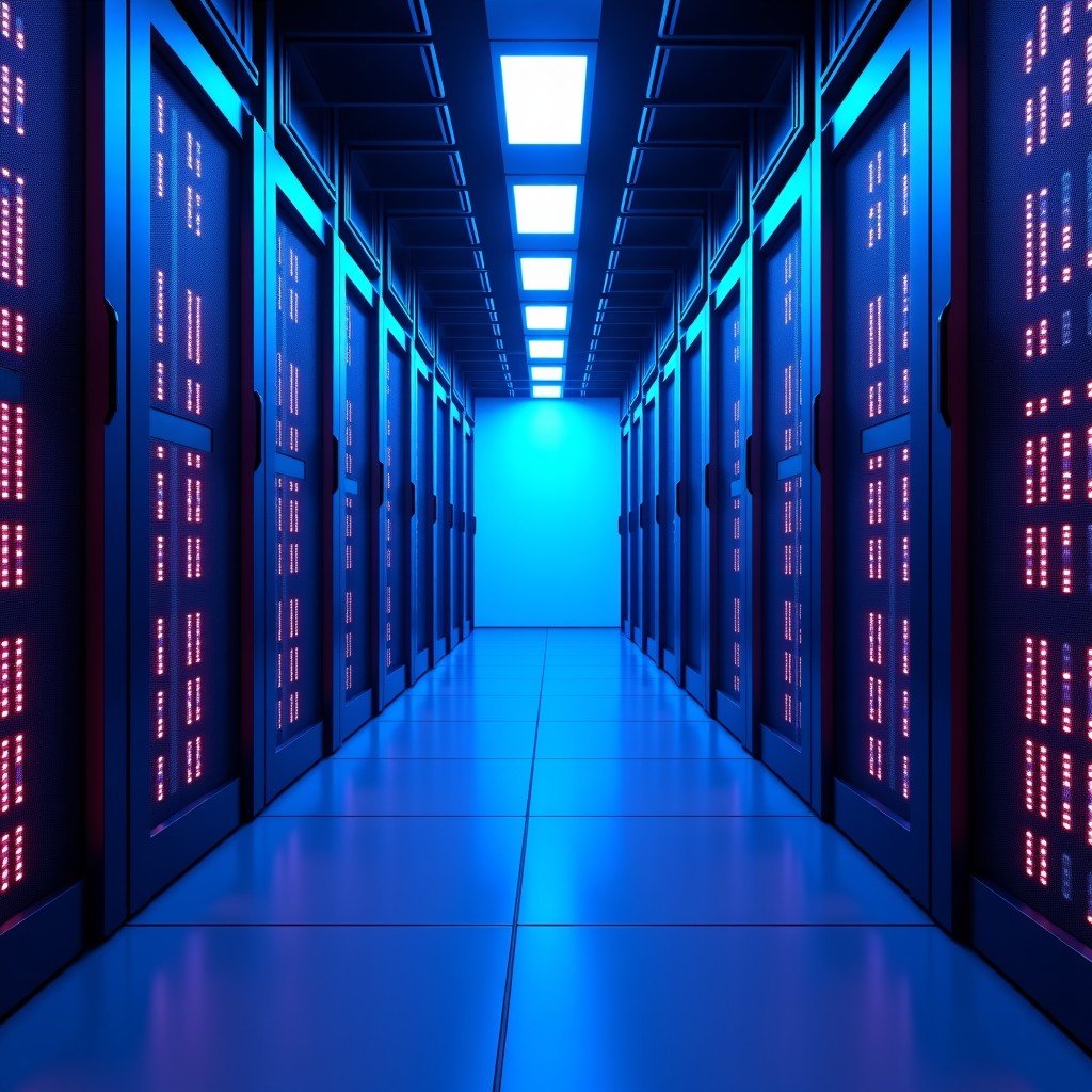 Modern futuristic data center server room with blue and purple ambient lighting, high-speed networking cables, glowing server racks representing AI processing power, 4:3