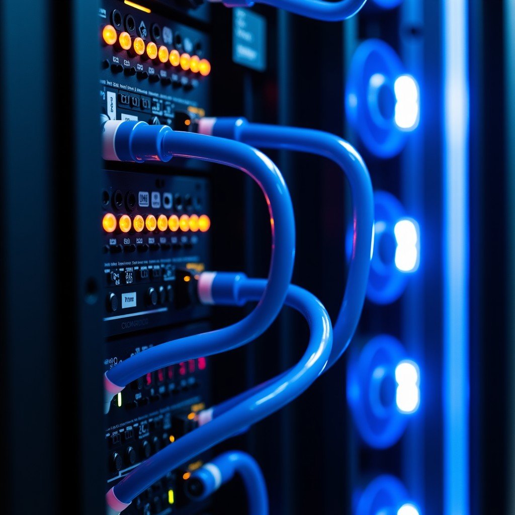 A close-up of a high-end server rack showing intricate liquid cooling pipes and glowing LED indicators. Professional photography style with focus on hardware details. 4:3