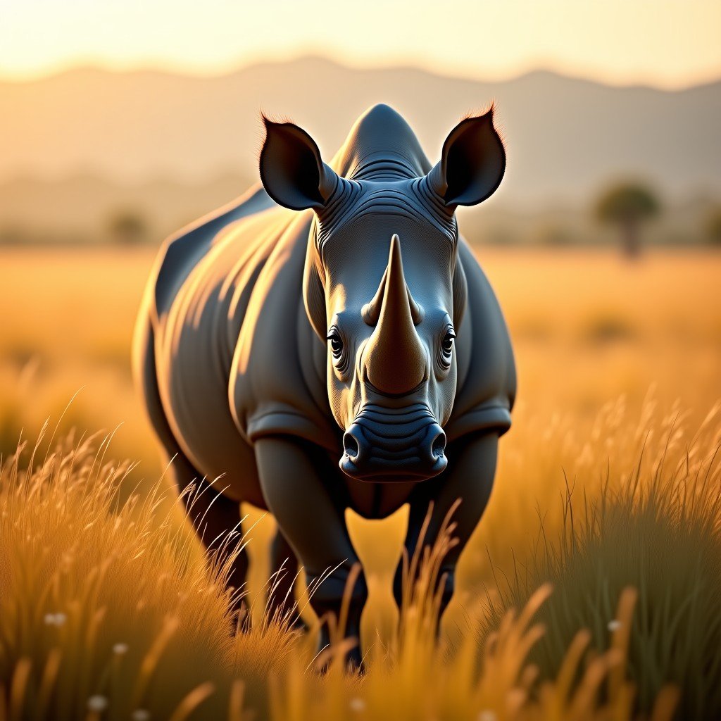 A realistic close-up shot of an Indian One-horned Rhinoceros standing in the tall golden grass of Manas, soft afternoon sunlight, natural wilderness background, high detail, 4:3