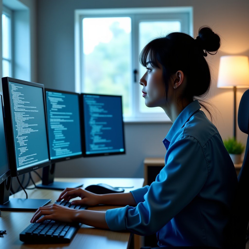 A professional Korean female creator working in a bright modern studio with multiple monitors showing artificial intelligence interface and digital code. Soft cinematic lighting, high quality lifestyle photography. 4:3