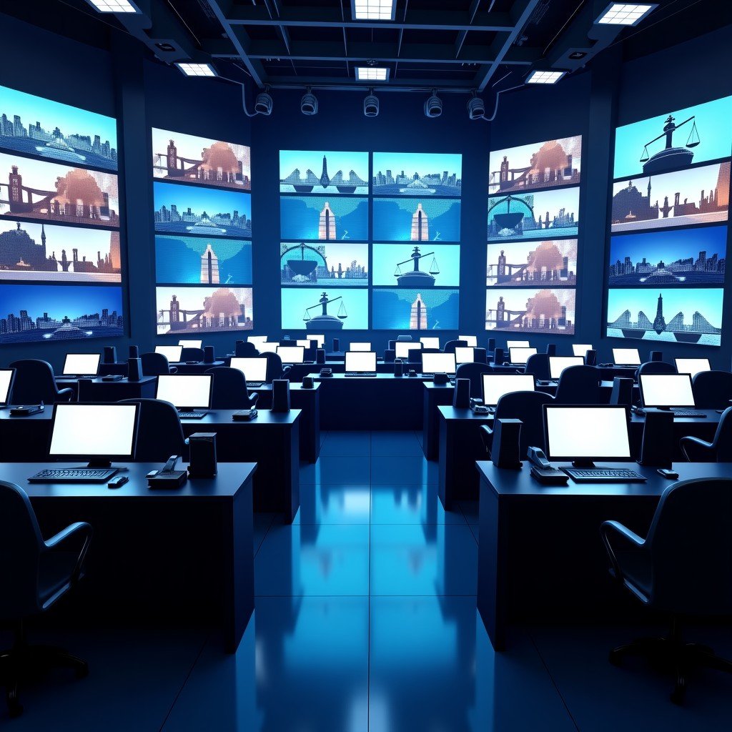 A busy newsroom with many screens showing news headlines about law and justice, professional atmosphere, realistic composition, 4:3