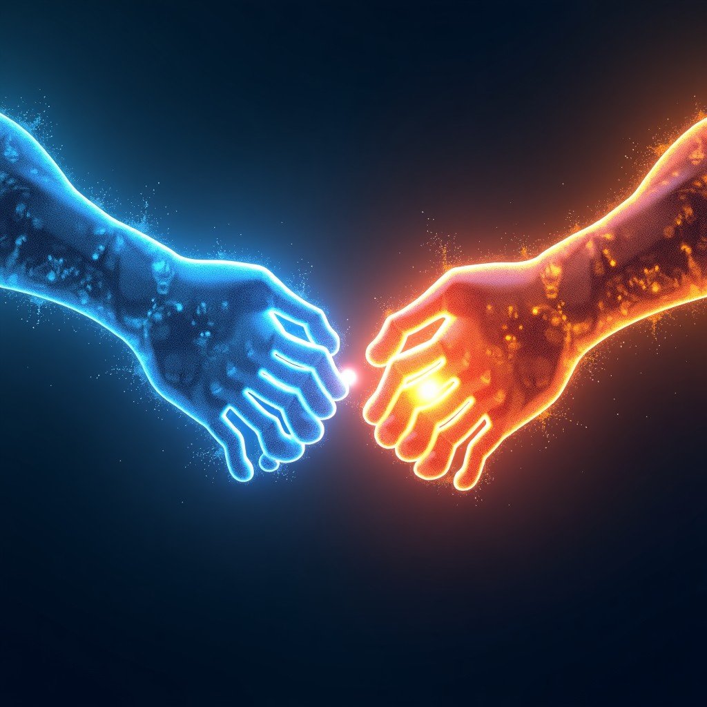 A conceptual high-tech illustration showing two massive glowing digital entities clashing in a dark futuristic space, one entity represents OpenAI and the other represents Anthropic, distinct corporate colors of blue and orange-tinted glows, symbolic of a fierce market battle for AI supremacy, cinematic lighting, complex digital patterns. 4:3