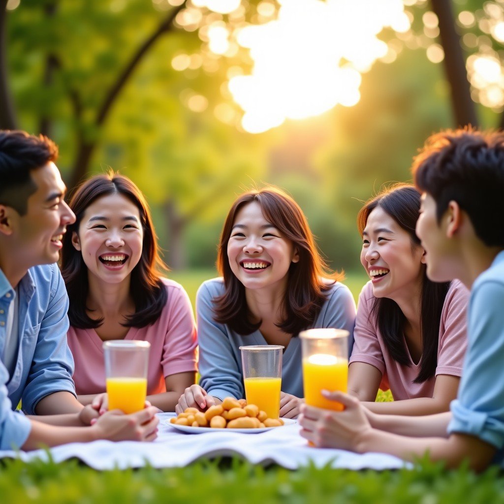 A group of Korean friends laughing and having a great time at a park picnic, vibrant colors, natural lighting, high quality lifestyle photography, 4:3