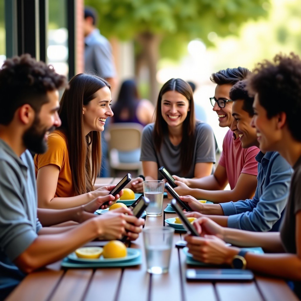 A group of diverse young people having a lunch date at an outdoor cafe, their smartphones are stacked in the middle of the table face down, everyone is laughing and engaging in real conversation, 4:3