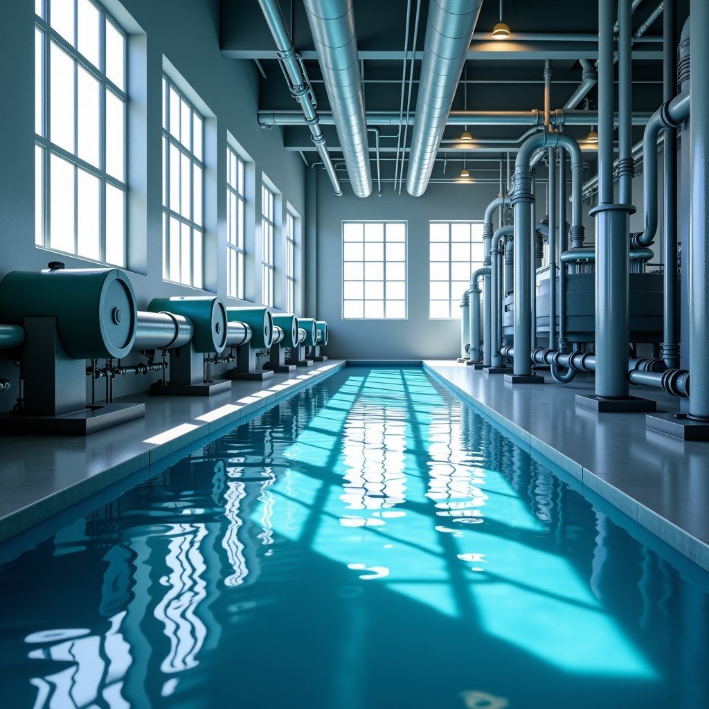 A sophisticated water filtration and cooling system for a large industrial facility. Clean water flowing through transparent pipes with natural light coming from windows. Modern and eco-friendly design. 4:3