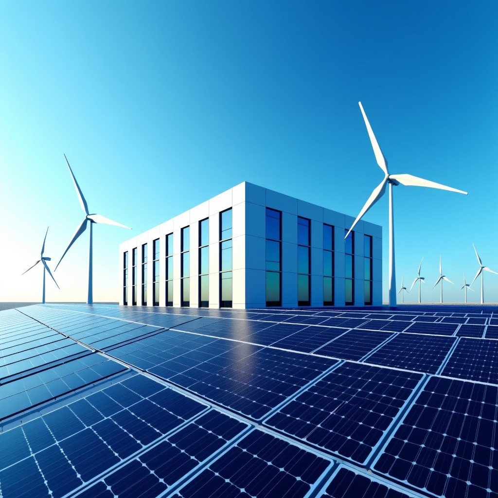 Modern data center building surrounded by solar panels and wind turbines, blue sky, professional architectural photography style, 4:3