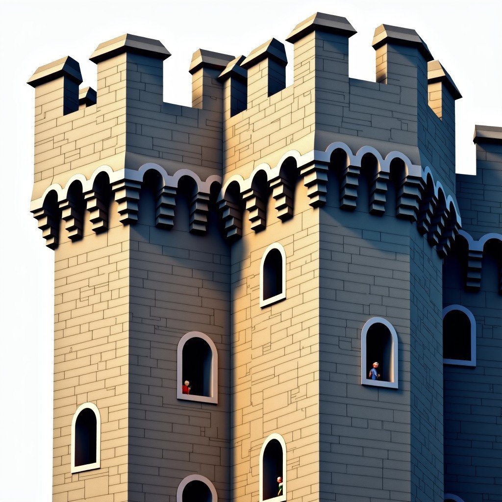 Close-up of the polygonal towers of Caernarfon Castle showing distinct bands of different colored stones. The style is a clean informational layout with high contrast and sharp details of the masonry. 1:1