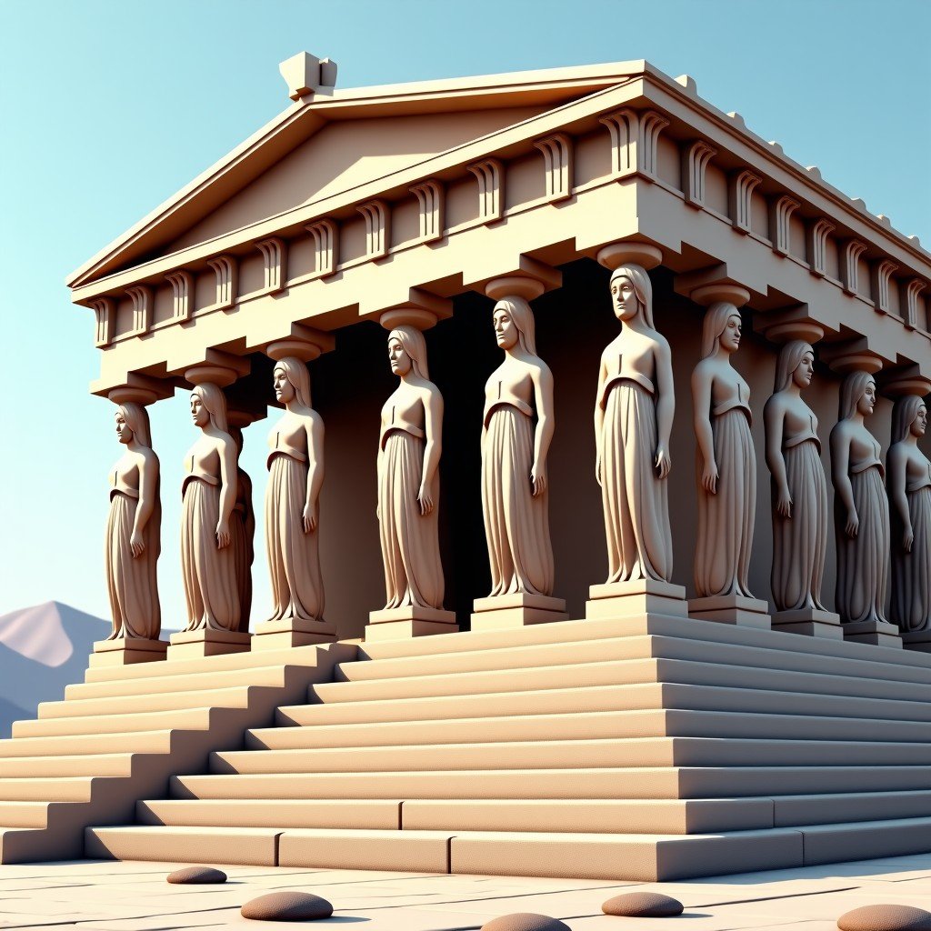 The Erechtheion temple with the famous Caryatid porch, female-shaped statues acting as columns, realistic stone texture, soft daylight, 4:3