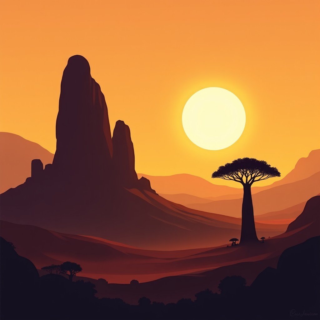 A scenic view of the Khami Ruins during golden hour with a lone baobab tree in the distance and ancient stone structures silhouetted against a warm orange sky. 4:3