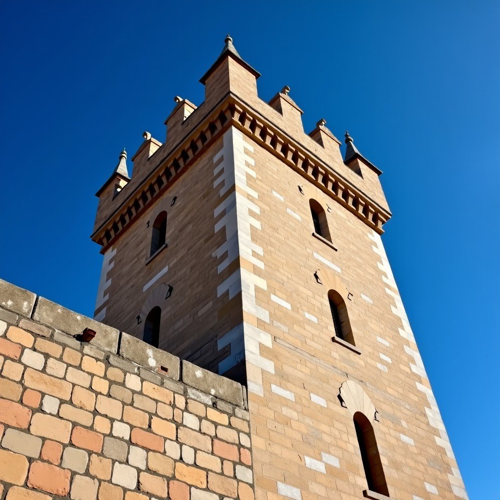 Close-up of a medieval stone tower and wall in the Old Town of Cáceres. Textured brown and grey stone, high contrast, clear blue sky background. The structure shows signs of Roman and Islamic masonry. 4:3