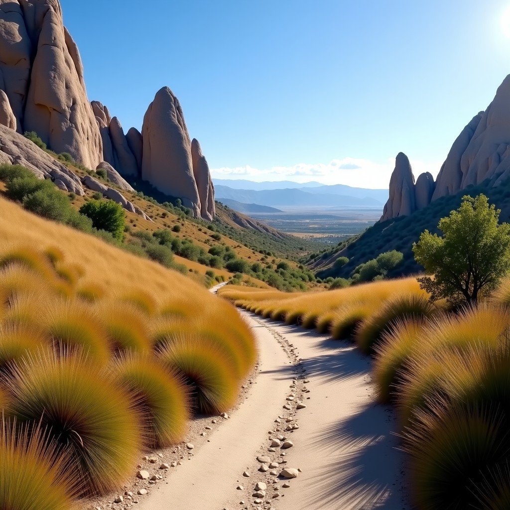 A scenic hiking trail through Love Valley in Cappadocia with towering rock pillars and natural vegetation sunny day 4:3