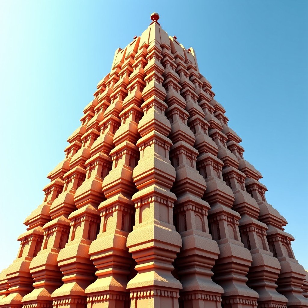 An upward perspective of the main spire of the Kandariya Mahadeva Temple. The layered structure looks like a mountain peak, covered in thousands of small sculptures. Clear sunny day, high resolution, realistic architectural rendering. 4:3