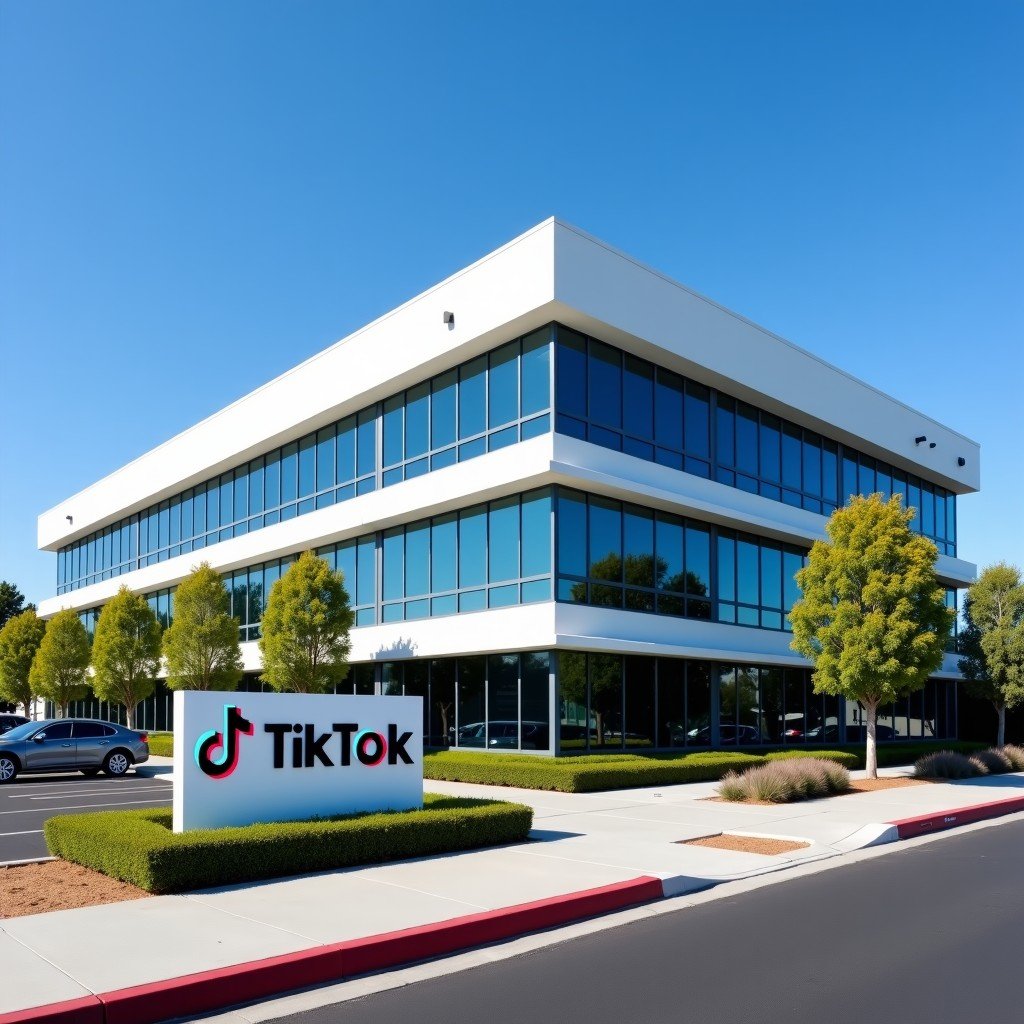 A modern office building with a TikTok Inc sign in front of it in Culver City California under a clear blue sky. Professional architectural photography high resolution 4:3