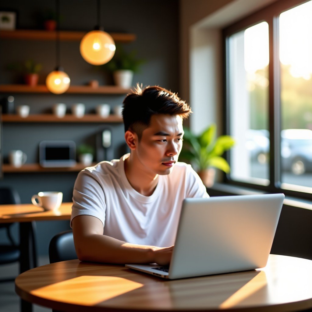 A young Asian male entrepreneur focused on his laptop inside a modern and cozy coffee shop, sunlight streaming through windows, natural atmosphere, realistic photography style, 4:3